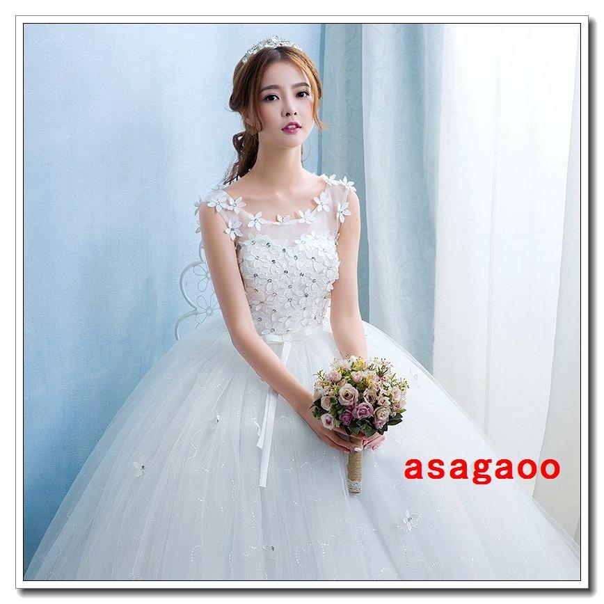 ウェディングドレス安い結婚式花嫁二次会パーティードレスお花フレンチスリーブ編上げレースアッププリンセス