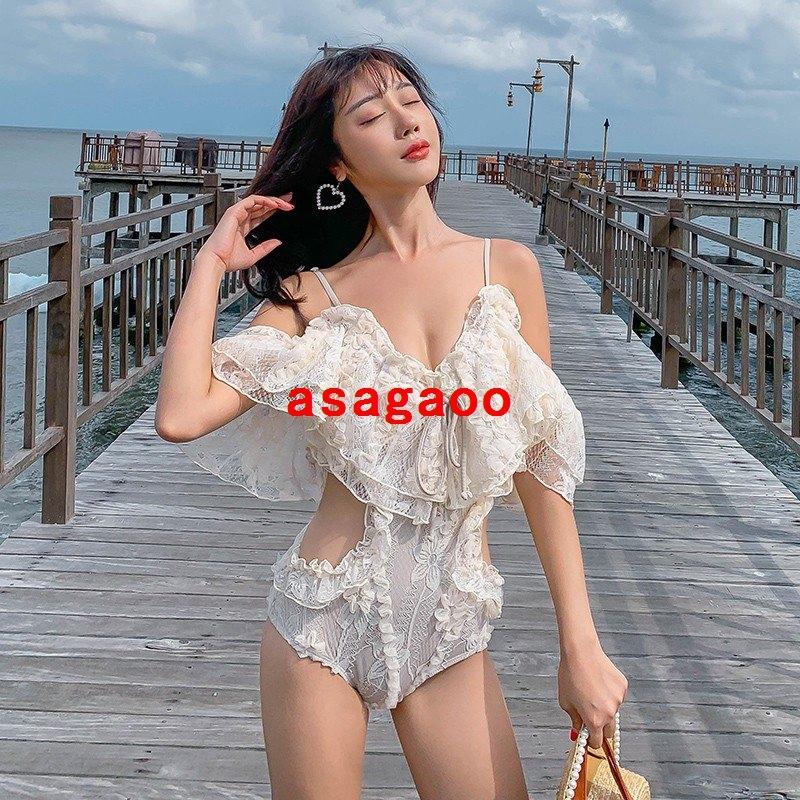 レースオフショルモノキニワンピース水着韓国オルチャンセクシークロシェ刺繍レトロフリルきれいめかわいいsw 151 Ok 21人気特価