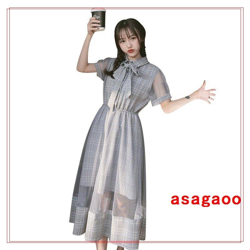 ワンピースドレスひざ丈半袖レディースファッションリボンチェック柄スカート妖精新作夏中学生学生大学生韓国オシャレ可愛いガーリー Df3 朝顔 通販 Yahoo ショッピング