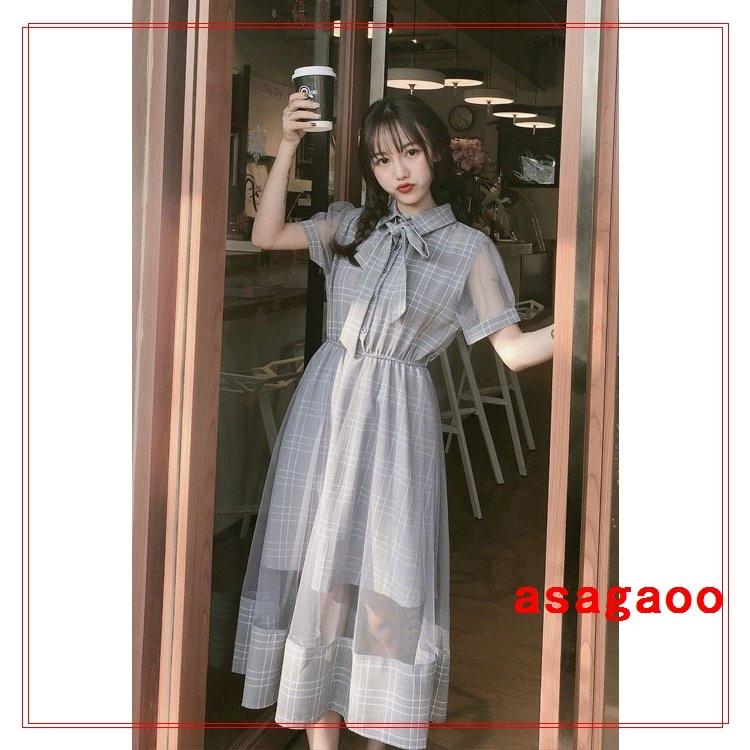 ワンピースドレスひざ丈半袖レディースファッションリボンチェック柄スカート妖精新作夏中学生学生大学生韓国オシャレ可愛いガーリー Df3 朝顔 通販 Yahoo ショッピング