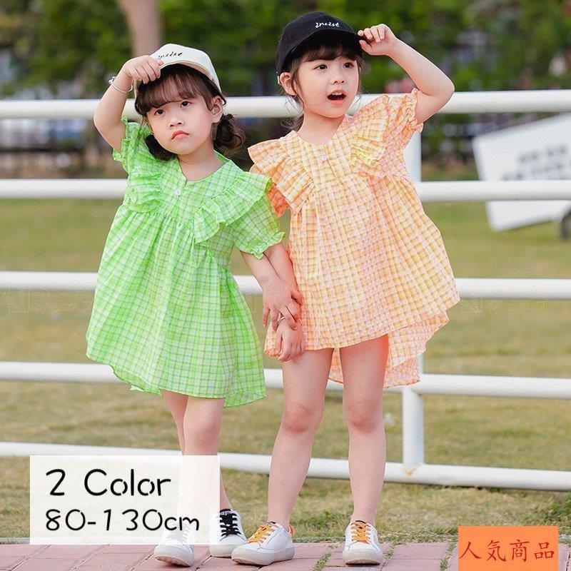 ワンピース 半袖 子供服 女の子 キッズ 春服 夏服 Vネック ミニ丈 Aライン チェック柄 フリル 前後丈違い かわいい おしゃれ お出かけ ガール 人気沸騰ブラドン
