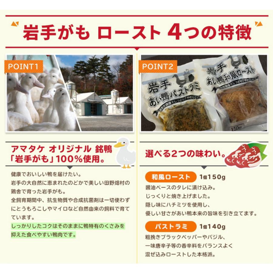 選べる2種類の味 アマタケ 国産 岩手あい鴨 ロースト 16個セット 冷凍 鴨肉 合鴨 美容 健康 父の日 内祝い ギフト プレゼント 3ｇ 冷凍 和風ロースト 100g中 食塩相当量：1 岩手県産 /しょう油 小麦 大豆を含む