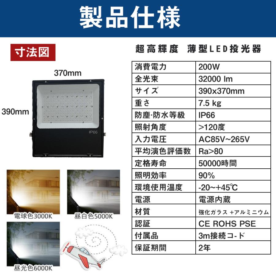 超薄型】LED投光器 200w 照明ライト 32000lm 角度調整 IP65 防雨型