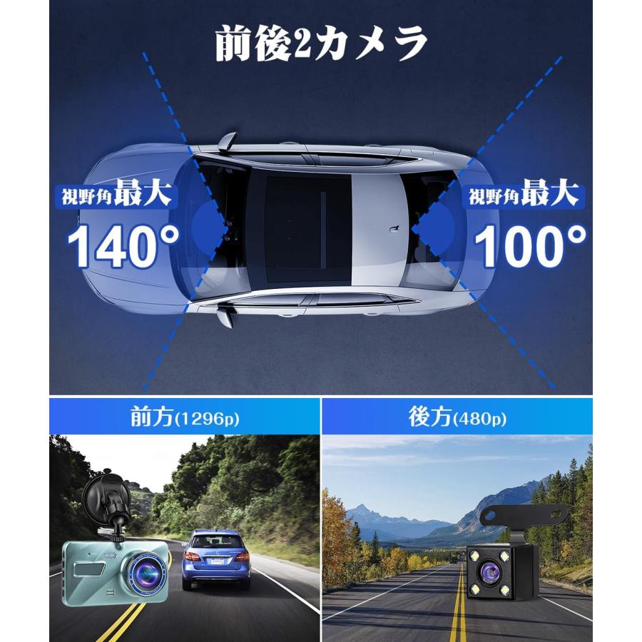 ドライブレコーダー 前後カメラ ドラレコ 1296PフルHD画質 HDR/WDR画像