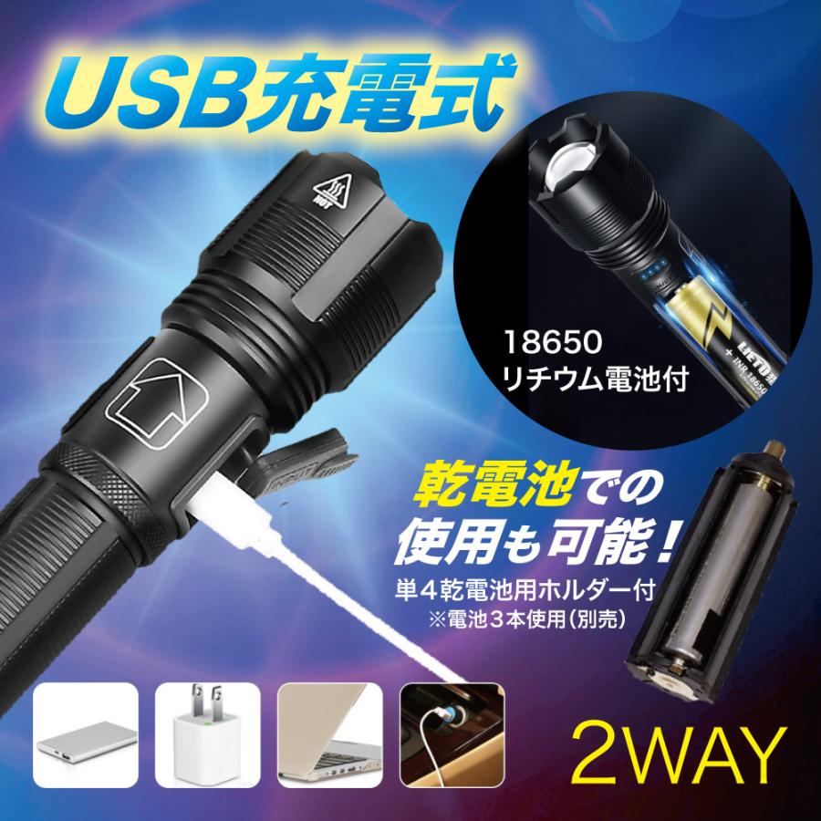 カラー ブラック USB充電式・防水ポータブルLEDランプ懐中電灯 通販