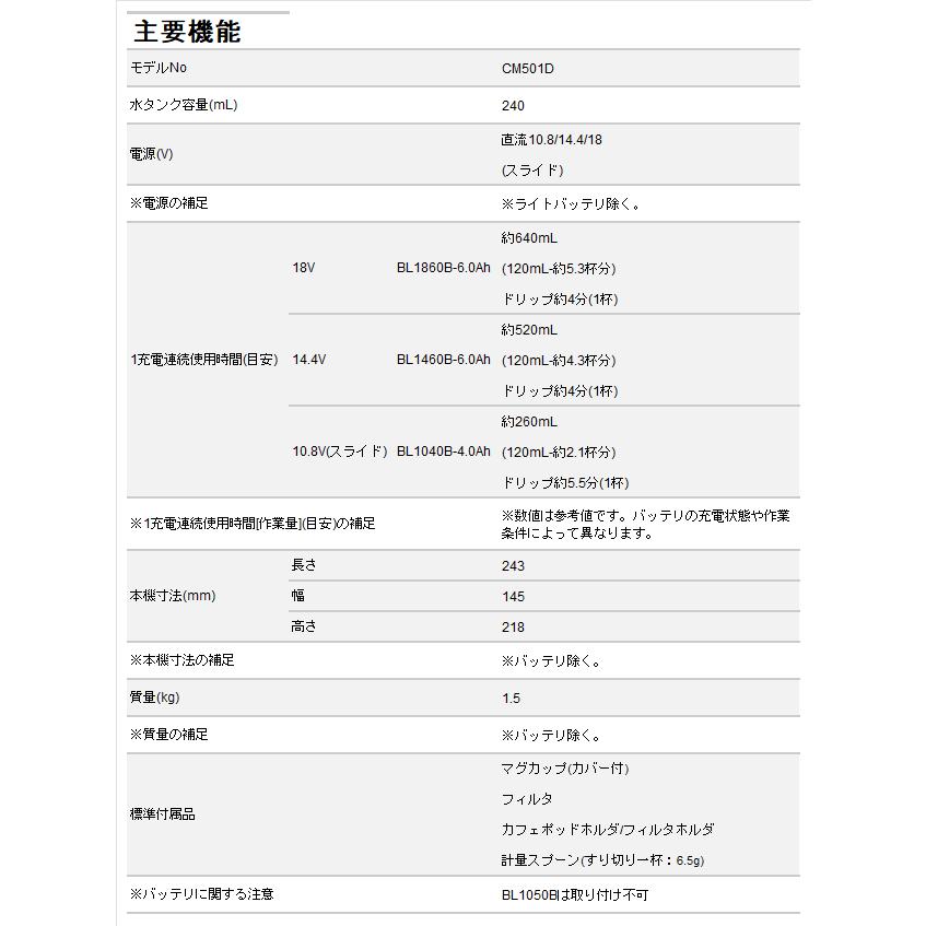 マキタ 充電式コーヒーメーカー CM501DZ 本体のみ スライド式 マキタ 充電式コーヒーメーカー CM501DZ 本体のみ スライド式