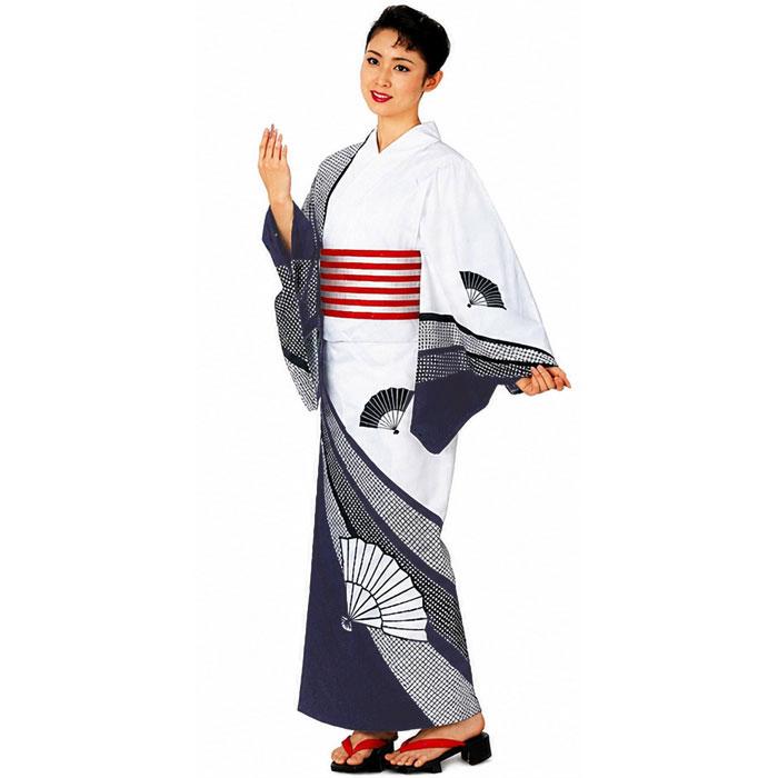 浴衣 白 紺 扇面 レディース 絵羽 仕立上り ゆかた 祭 （s青2010
