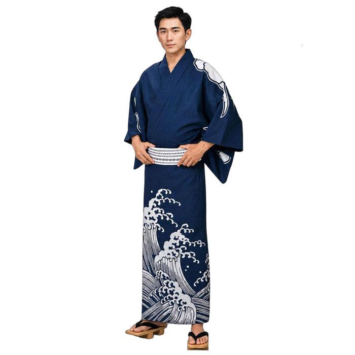 浴衣 紺 龍 波 メンズ 絵羽 仕立上り ゆかた 祭 （s紺2072） 仕立