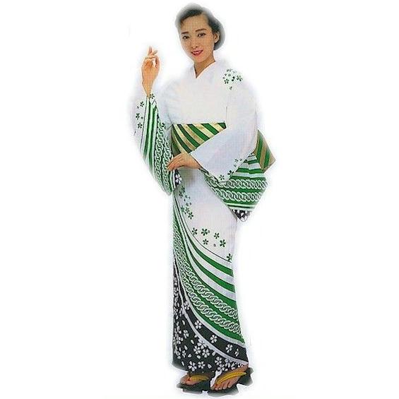 浴衣 反物 白 緑 桜 吉原つなぎ メンズ レディース 絵羽 ゆかた 祭 （s