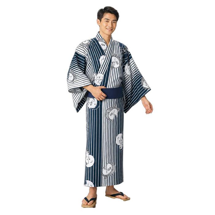 浴衣 白 紺 縞 おかめ ひょっとこ メンズ 小紋 仕立上り ゆかた 祭 （s