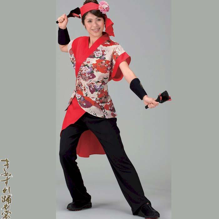 ひな祭り用赤色花柄衣装セット よさこい 衣装 赤 花柄 レディース 上衣 鳴子入れ付きベルト セット k