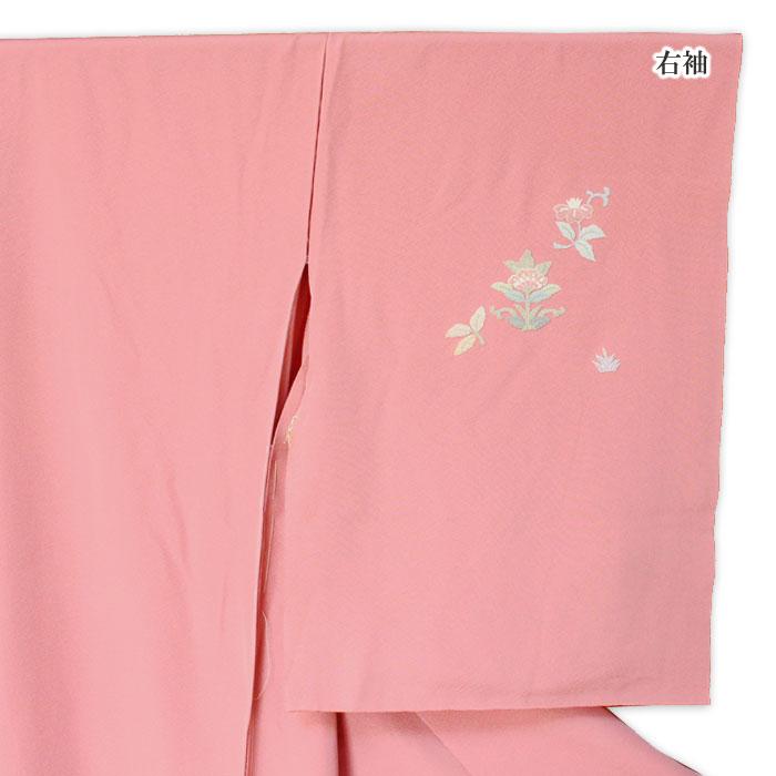 着物 付け下げ 正絹 相良刺繍 紅梅色地 草花 仮絵羽 絹 きもの 附下げ