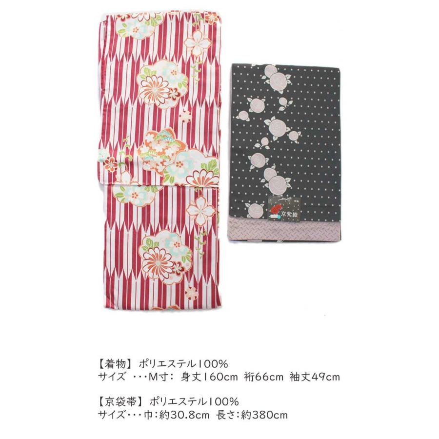 着物 セット 2点セット 小紋 ナカノヒロミチ M 赤 白 矢羽根 花 京袋帯 黒 ピンク 薔薇 水玉 ドット カジュアル 着物set 袷 和装 和服 きものセット_3