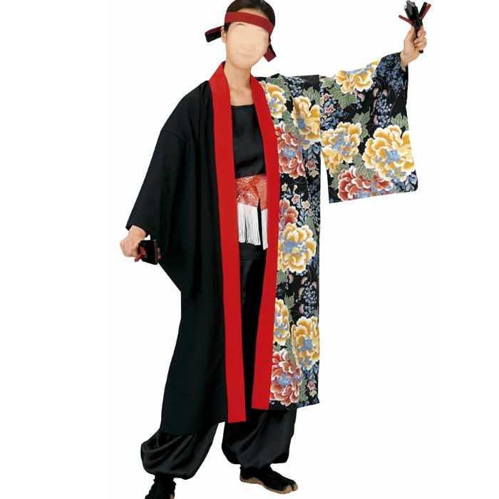 法被 ロング 長半纏 長い 黒 赤 牡丹 はっぴ ハッピ 祭 (o笹7902