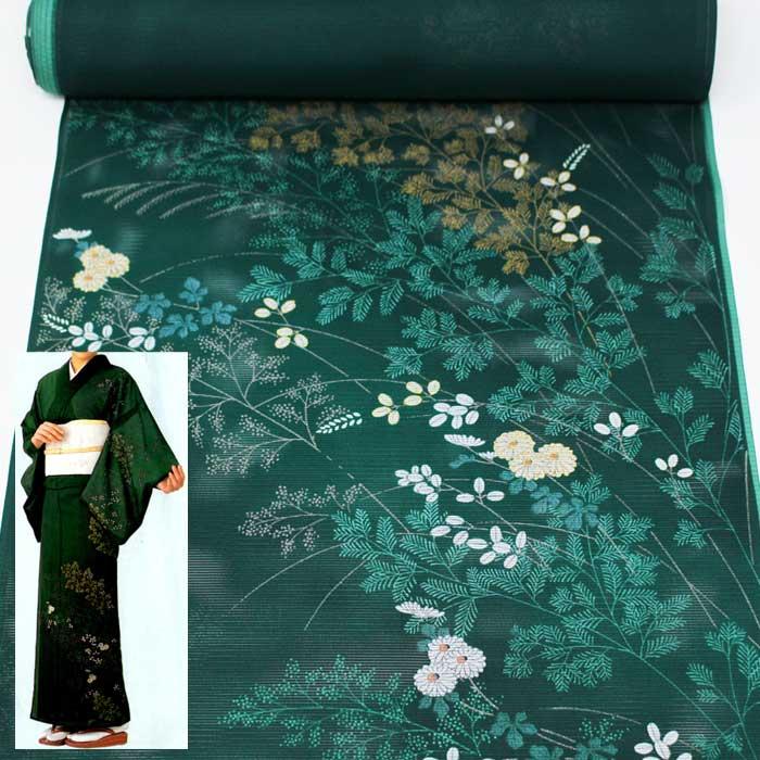 付け下げ 反物 絵羽 夏 絽 緑 着物 未仕立て 無地 附下 化繊 送料無料
