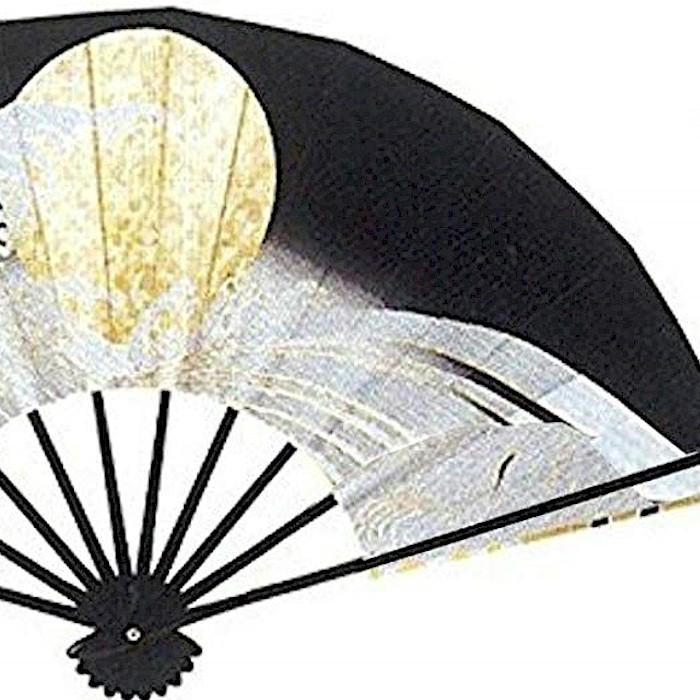 舞扇子 黒 月 金 銀 波 日本製 日本舞踊 扇子箱付 片面違い （m雅7507
