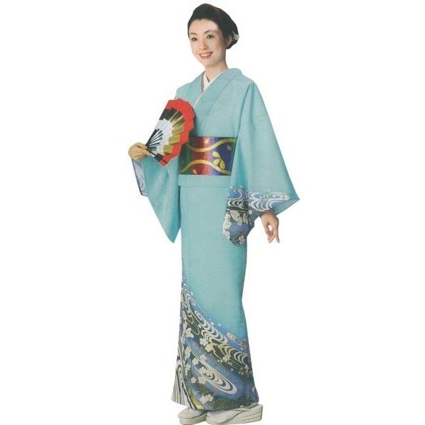 着物 ブルー 観世水 桜 レディース 仕立上り 絵羽 単衣 洗える着物 （s