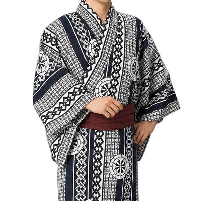 浴衣 白 紺 吉原つなぎ 源氏車 メンズ 小紋 仕立上り ゆかた 祭 （s杉