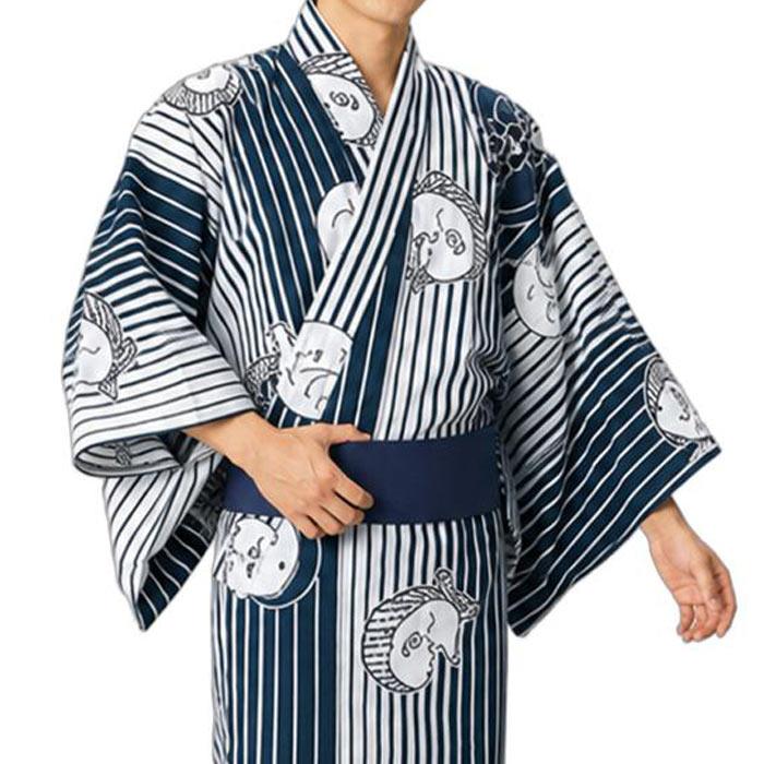 浴衣 白 紺 縞 おかめ ひょっとこ メンズ 小紋 仕立上り ゆかた 祭 （s