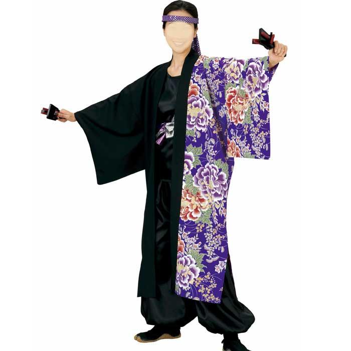 法被 ロング 長半纏 長い 黒 紫 牡丹 はっぴ ハッピ 祭 (o笹7903