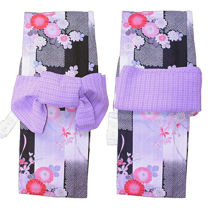浴衣 レディース 2点セット 黒 菊 疋田 麻混 ゆかた 紫 格子 兵児帯