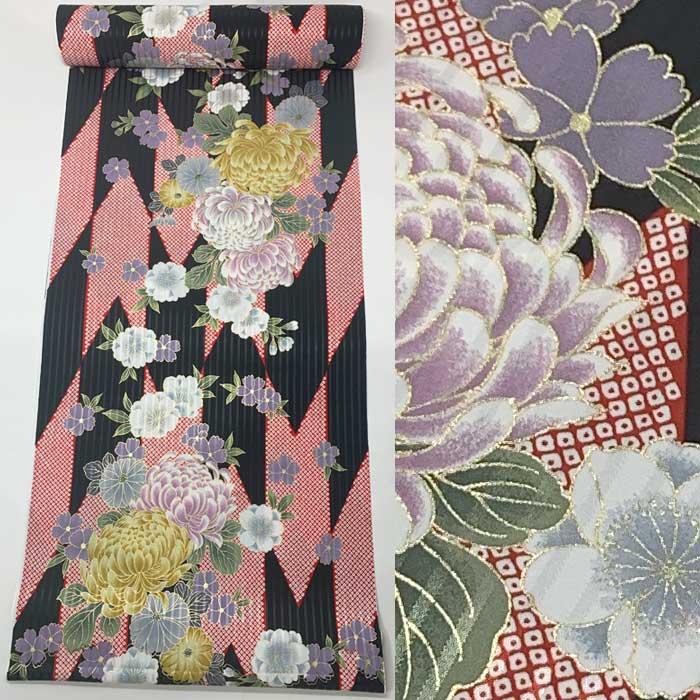 着物 小紋 反物 黒 花 菊 矢羽根 未仕立て 踊り 舞台 衣裳 着尺 生地 
