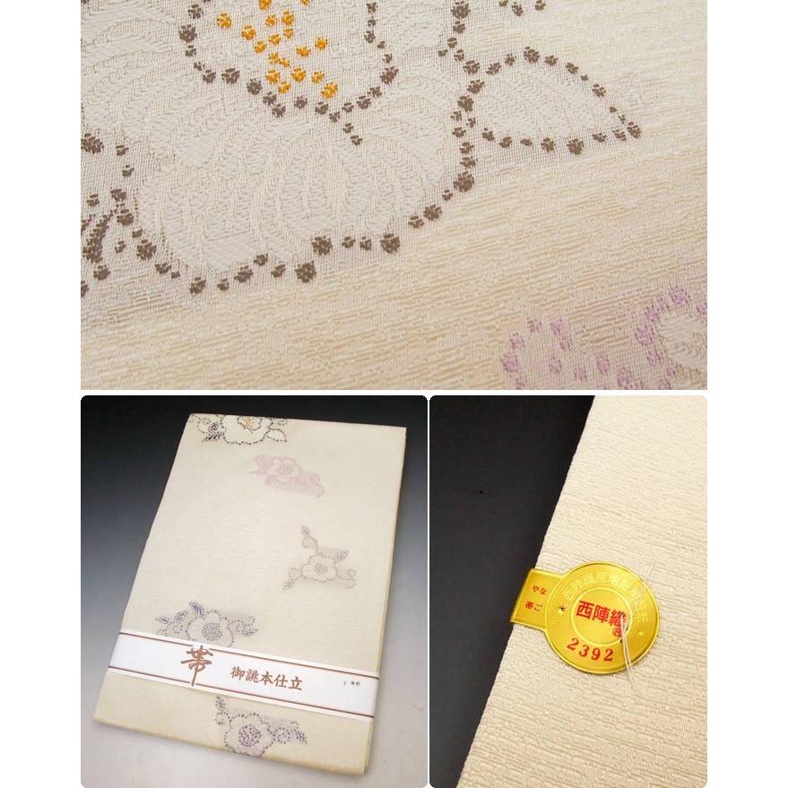 夏名古屋帯 未使用品 西陣織 麻絹 椿柄 着物 オフホワイト AO-0440 日本製 西陣織 名古屋帯 オフホワイト 椿 帯 仕立上り 着物