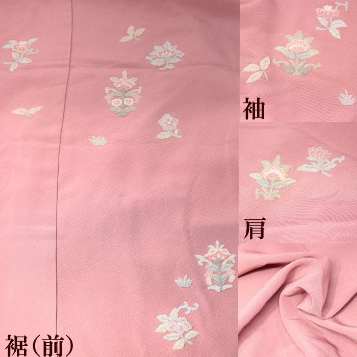着物 付け下げ 正絹 相良刺繍 紅梅色地 草花 仮絵羽 絹 きもの 着物 付け下げ 正絹 相良刺繍 紅梅色地 草花 仮絵羽 絹 きもの