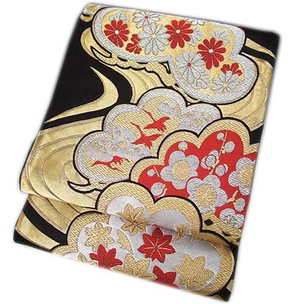アウトレット 袋帯 正絹 高級 都緞子 未仕立て 黒地 流水 松 梅 菊 紅葉 鶴 高級袋帯 ふくろ帯 礼装 着物 きもの 帯 訳アリ 蔵出し 大特価 ランクＡ
