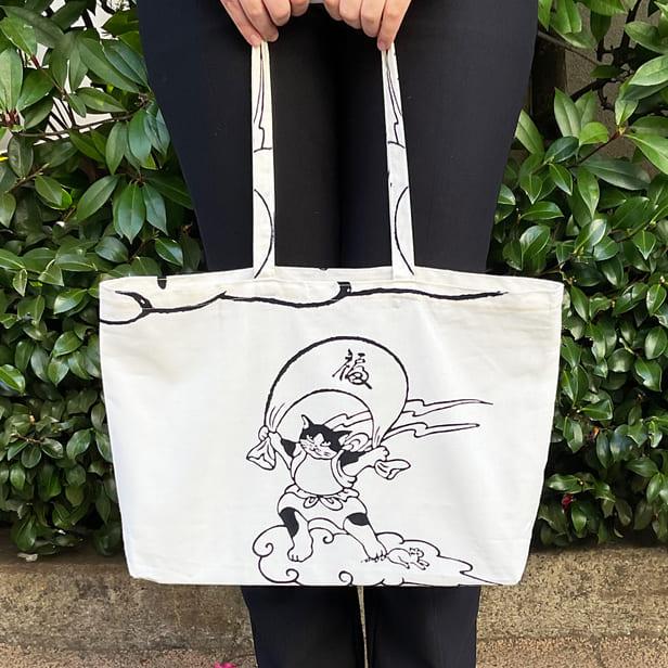 手ぬぐいエコバッグ「猫の風神雷神」 トートバッグ 日本製 : 手ぬぐい