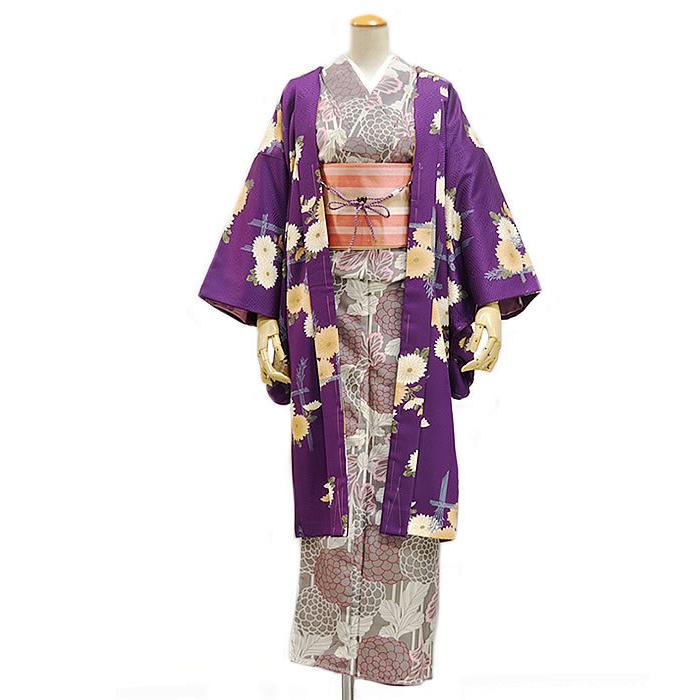 女物 n.taguchi 仕立上り ポリエステル 長羽織 -菊/紫系- ［ 0607-141