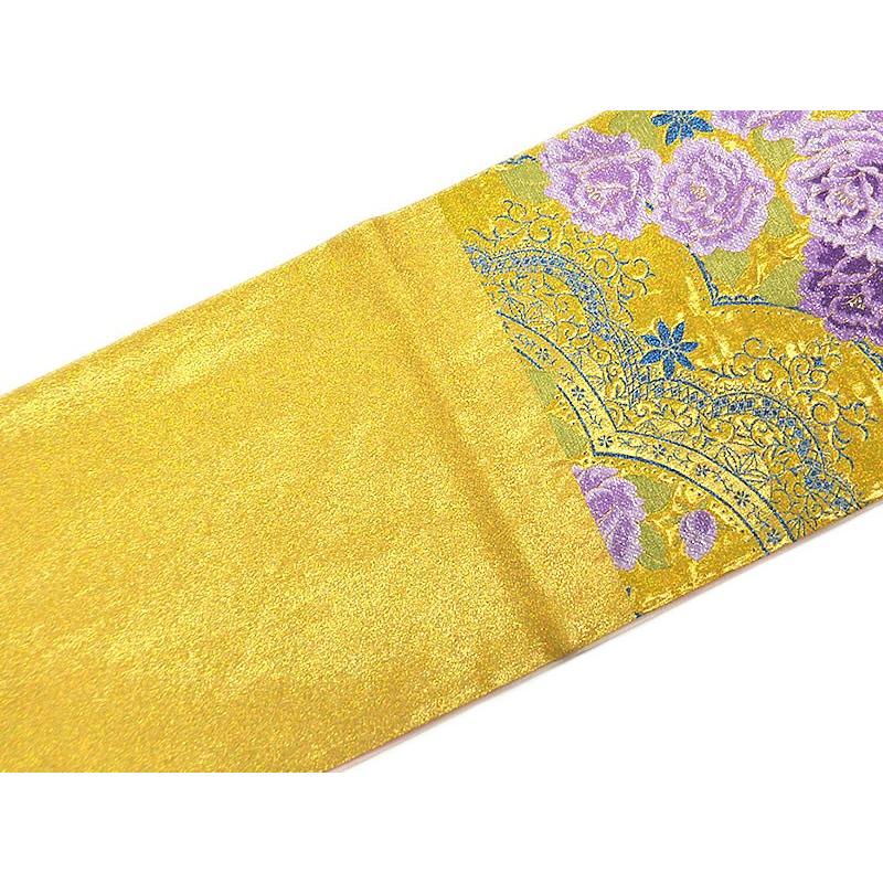 正絹 西陣織 振袖用 袋帯 -牡丹・レース柄/ゴールド系- [ 1110-911a