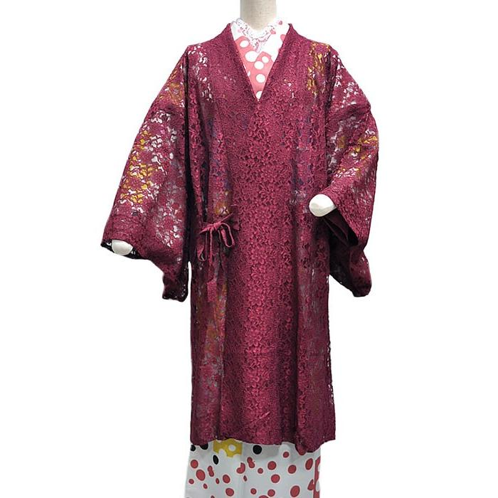 女物 広衿 レース 単衣お洒落コート -臙脂色- [ 1604-1991 ] 仕立て 