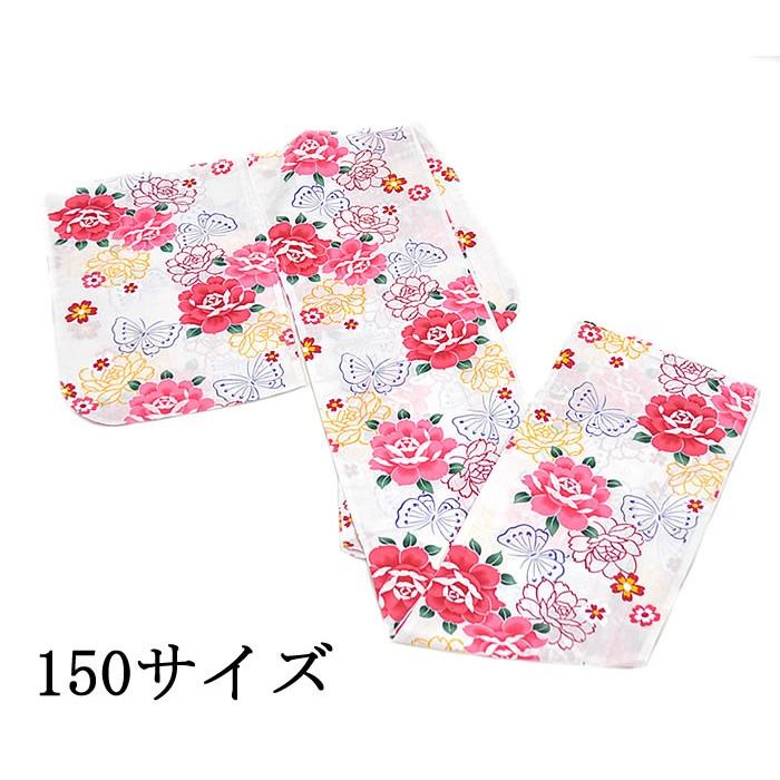 女の子　ジュニア 浴衣　13〜14歳用（150サイズ）　-蝶・薔薇/白地-　[ 1706-2383 ] 　仕立上り すぐ着られる ちょう ばら バラ 花 ホワイト 可愛い こども