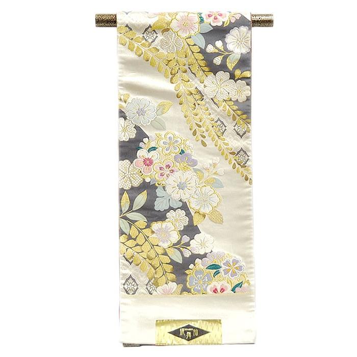 藤の花 牡丹 丸菊 銀 菱形紋様 正絹 袋帯 二重太鼓 作り帯 藤の花 牡丹 丸菊 銀 菱形紋様 正絹 袋帯 二重太鼓 作り帯