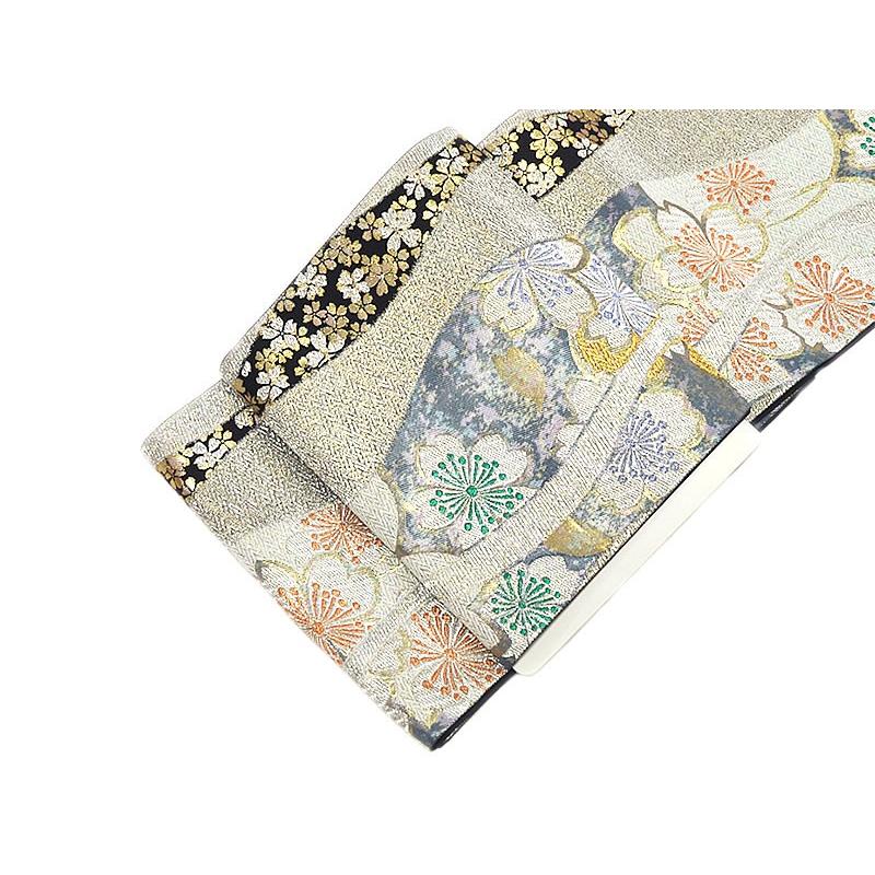 正絹西陣織壁掛け 正絹 西陣織 振袖用 袋帯 -引箔・桜など/シルバー・黒色系- [ 1912