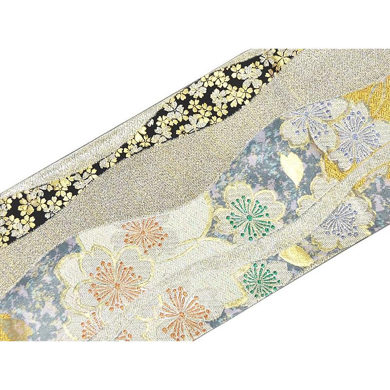 正絹西陣織壁掛け 正絹 西陣織 振袖用 袋帯 -引箔・桜など/シルバー・黒色系- [ 1912