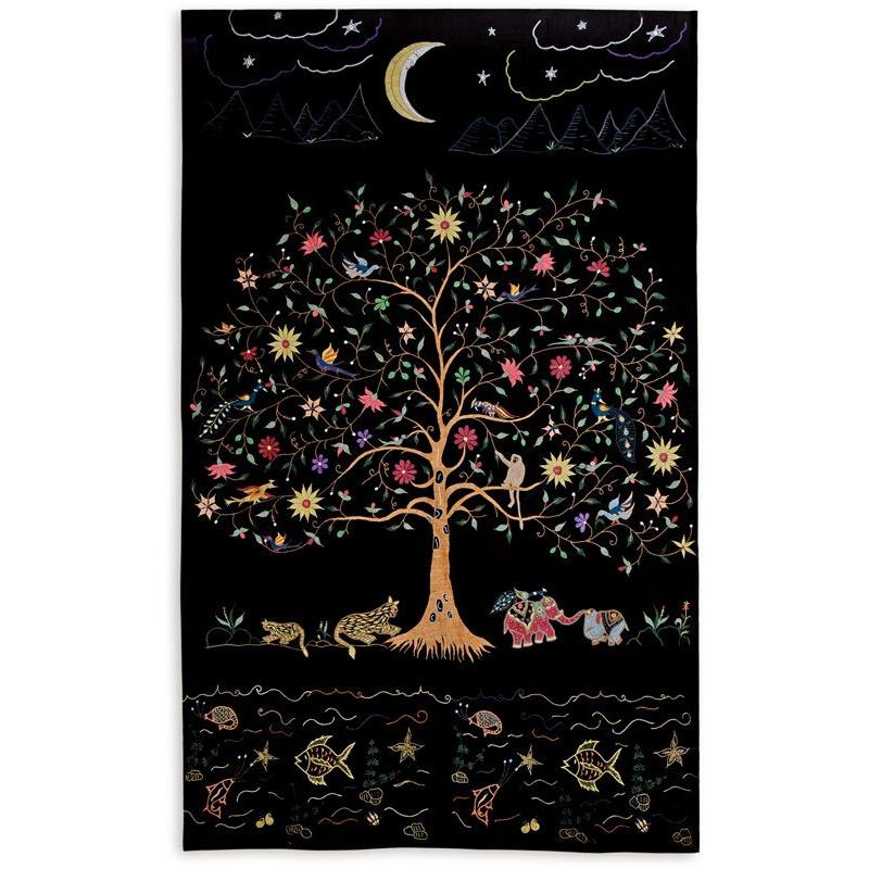 インド刺繍✴︎ベッドカバー✴︎生命の樹✴︎黒✴︎孔雀✴︎象✴︎花✴︎魚✴︎月✴︎星✴︎ミラーワーク ミラー刺繍ベッドカバー 月（黒） : 第3世界ショップ公式通販