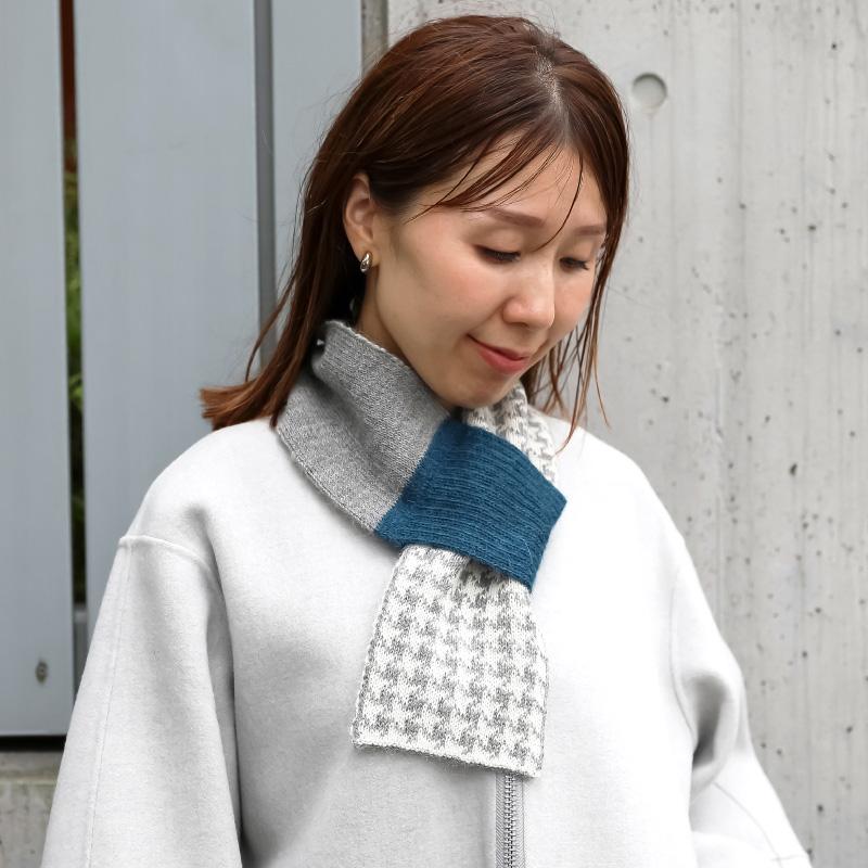 アルパカ100％ ミニマフラー千鳥柄（グレー×ホワイト）(メール便対応