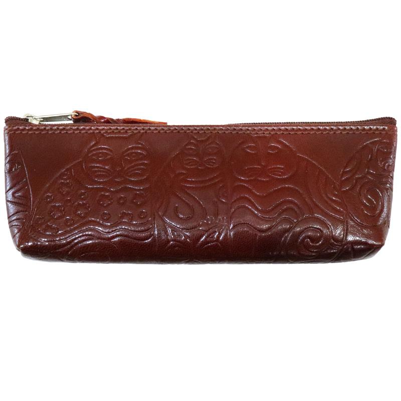 山羊革 ペンケース ぐるぐるネコ柄（茶）(メール便対応) | 