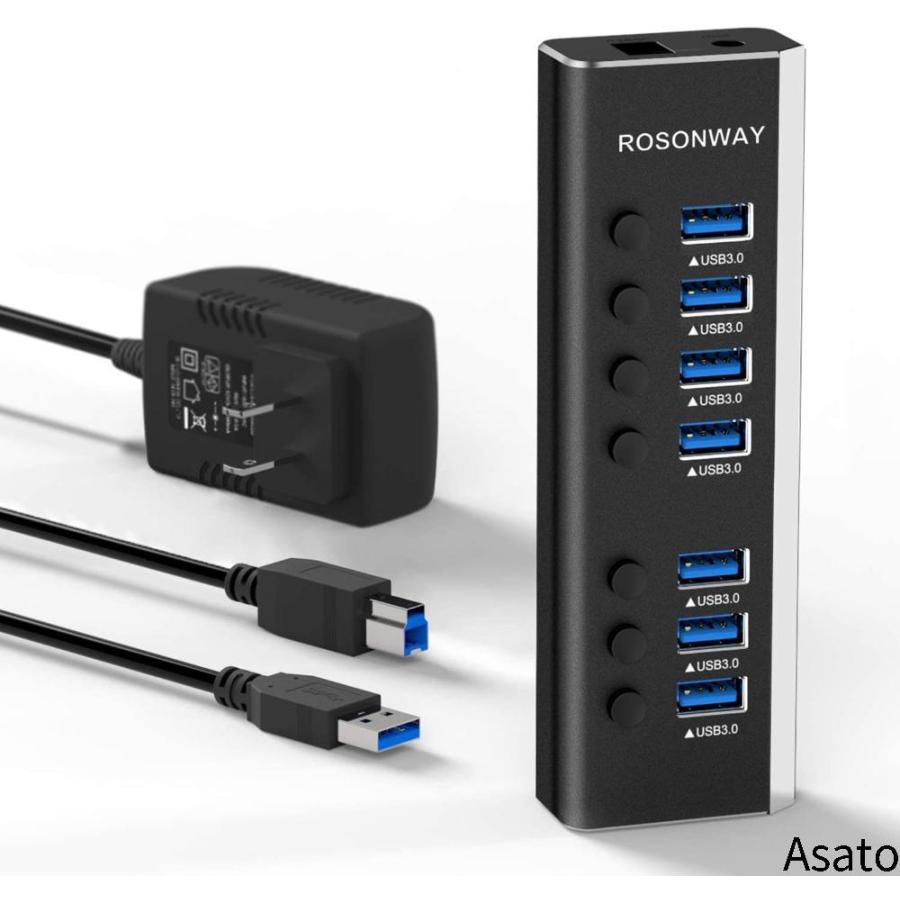 一流の品質 USBハブ 3.0 ROSONWAY アルミ製 7ポート USB3.0 Hub 24W電源付き バスパワーとセルフパワー両用 独立スイッチ 5Gbp ハードディスク（HDD）ケース