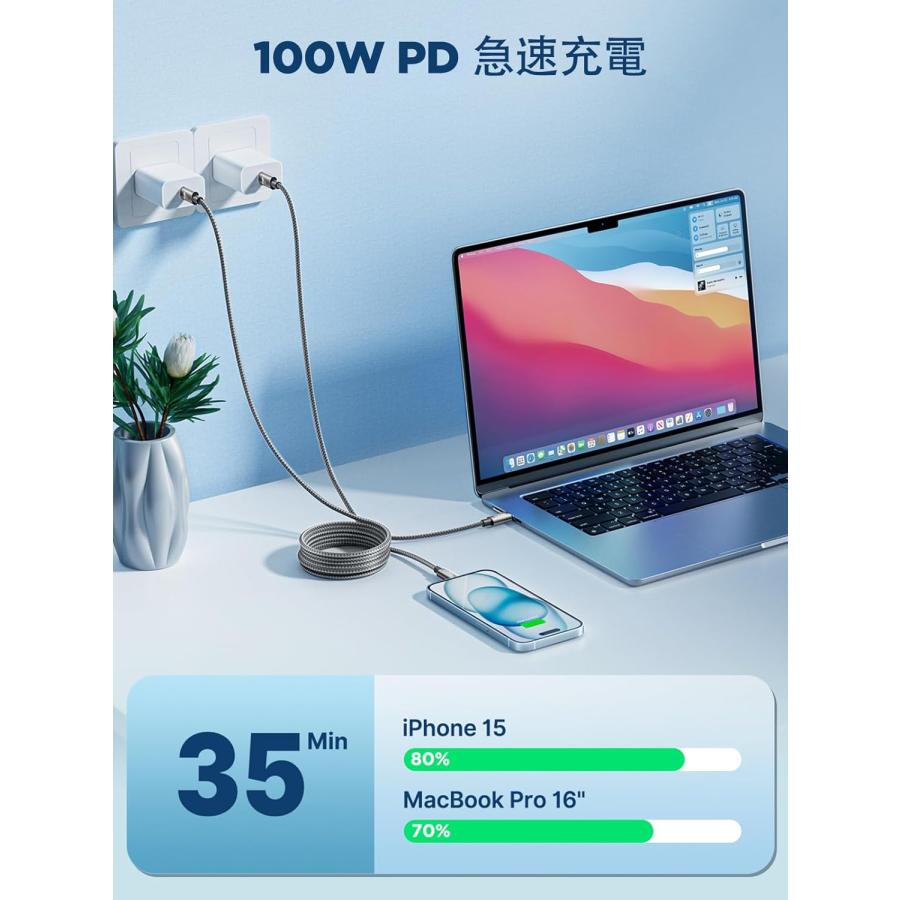 USB C ケーブル【2M/2本 PD対応 100W/5A 超急速充電】USB タイプc 断線