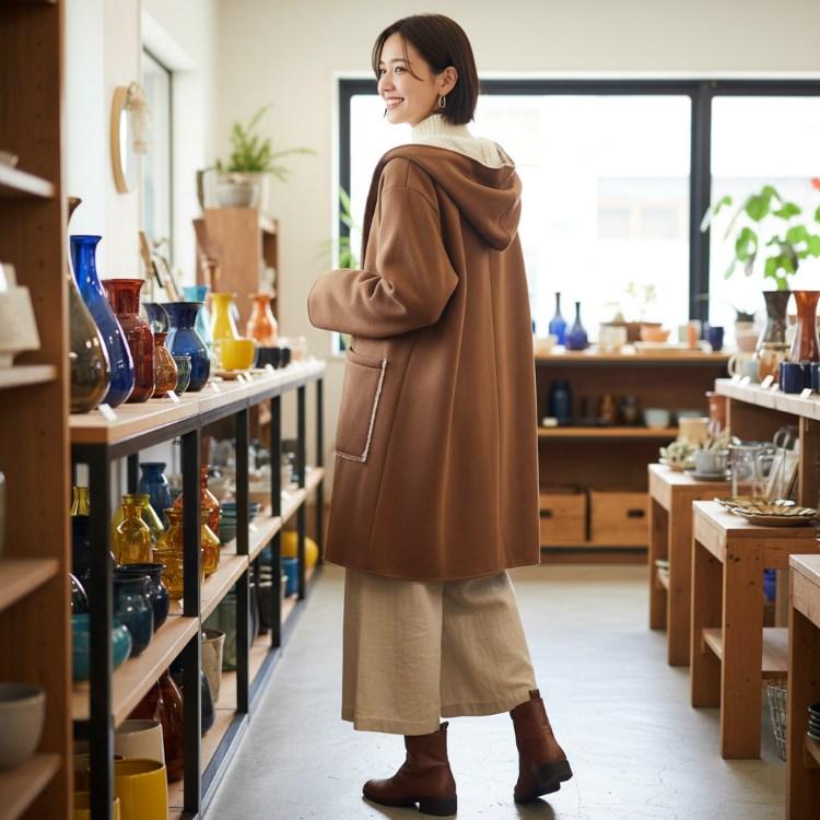 M.Uスポーツ　ブラウン厚手フード付きコート　大きいサイズ レディースファッション 軽くてあったか 裏ボア フーディーコート 6