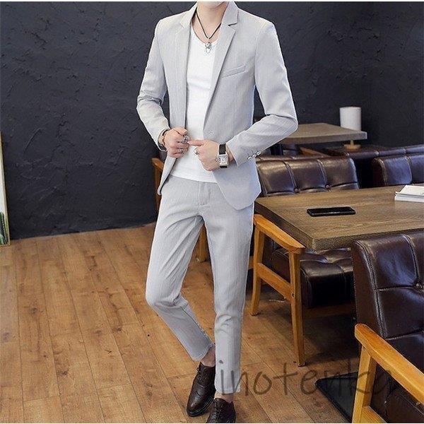 ギフト サマージャケット おしゃれ サマースーツ セットアップ メンズ カジュアルスーツ テーラード 春秋夏用 ストライプ 紳士服 上下 スキニーパンツ 長袖 カジュアルスーツ Michiganestateplanning Com