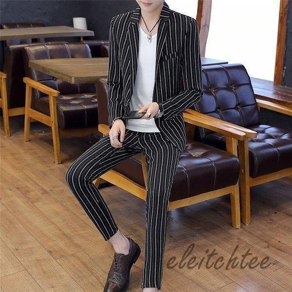 ギフト サマージャケット おしゃれ サマースーツ セットアップ メンズ カジュアルスーツ テーラード 春秋夏用 ストライプ 紳士服 上下 スキニーパンツ 長袖 カジュアルスーツ Michiganestateplanning Com