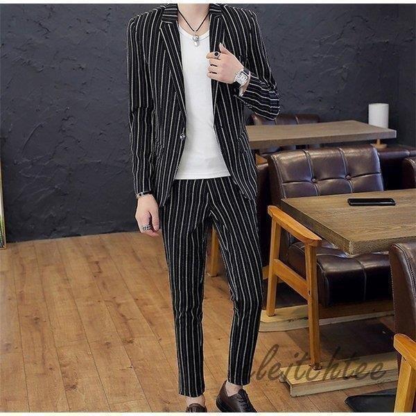 ギフト サマージャケット おしゃれ サマースーツ セットアップ メンズ カジュアルスーツ テーラード 春秋夏用 ストライプ 紳士服 上下 スキニーパンツ 長袖 カジュアルスーツ Michiganestateplanning Com