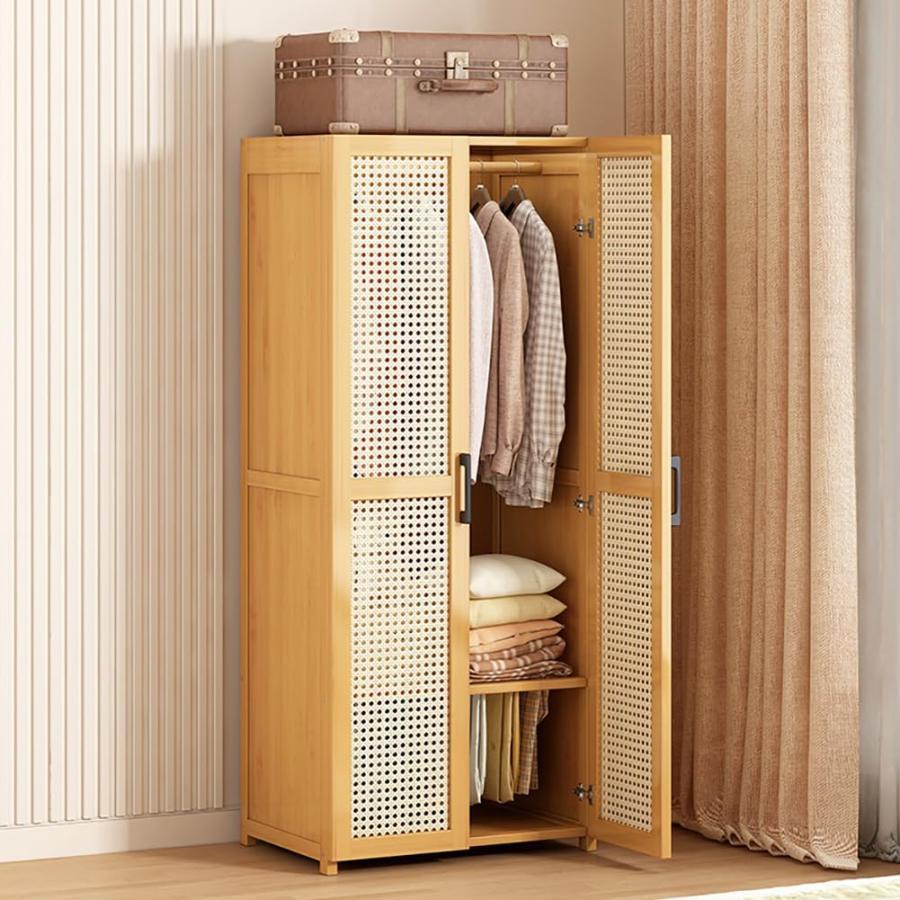 ワードローブ 扉付き クローゼット ハンガーラック 棚付き 天然竹製
