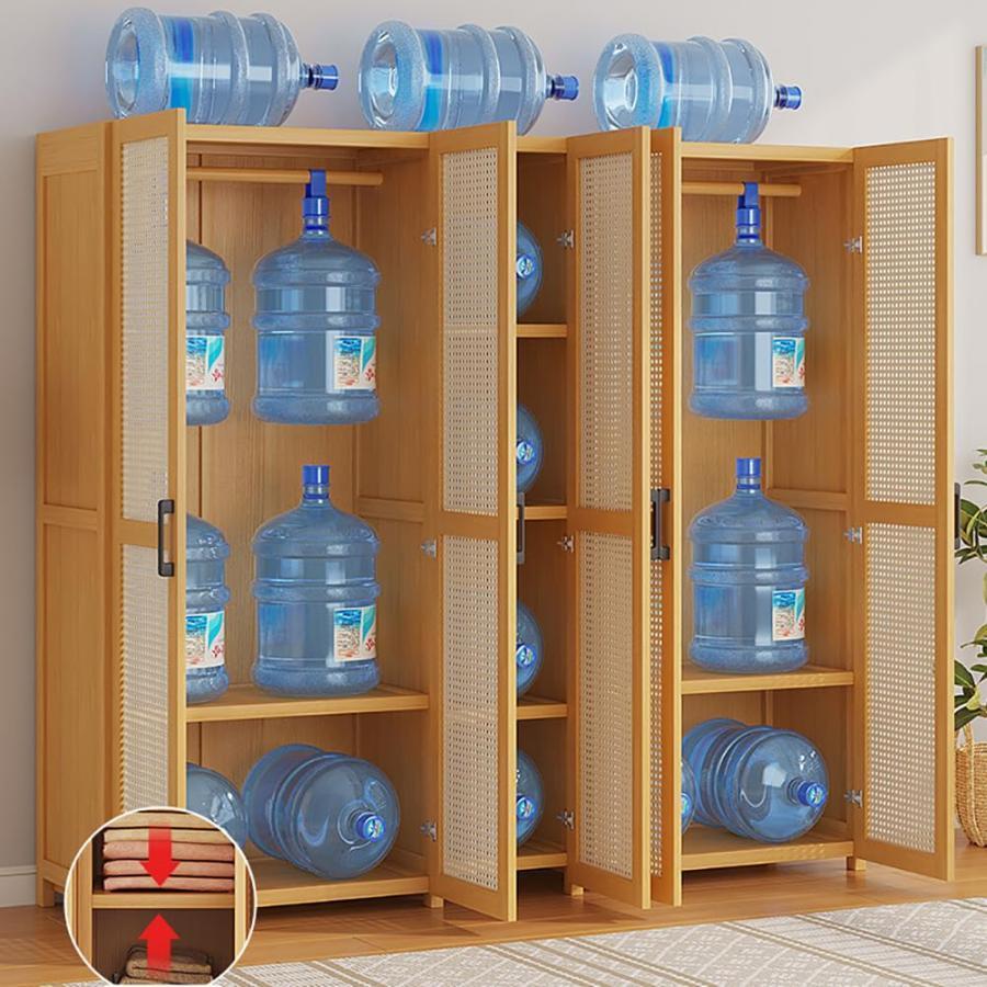 ワードローブ 扉付き クローゼット ハンガーラック 棚付き 天然竹製