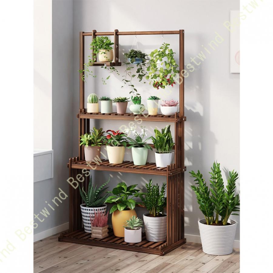 フラワースタンド 木製 ガーデンラック 3段 ハンギング 吊り棚