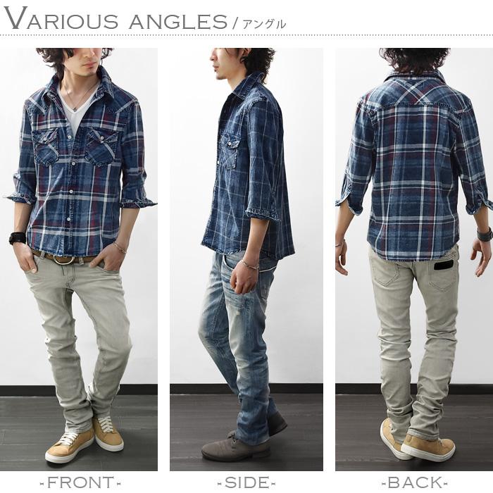 シャツ メンズ デニムシャツ チェックシャツ 七分袖 ウエスタンシャツ インディゴ ボタンシャツ スリム　カジュアル |  | 11